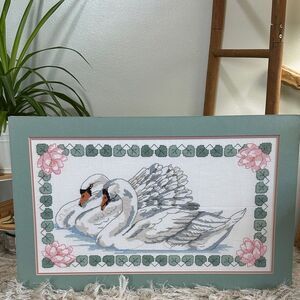 Vintage Swans Lilly Pad Water Lilies Cross Stitch Matted Wall Decor No Frame